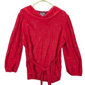 Vintage Style Plus shirt Womens Large Red Glitter Belted Long Sleeves 1970s